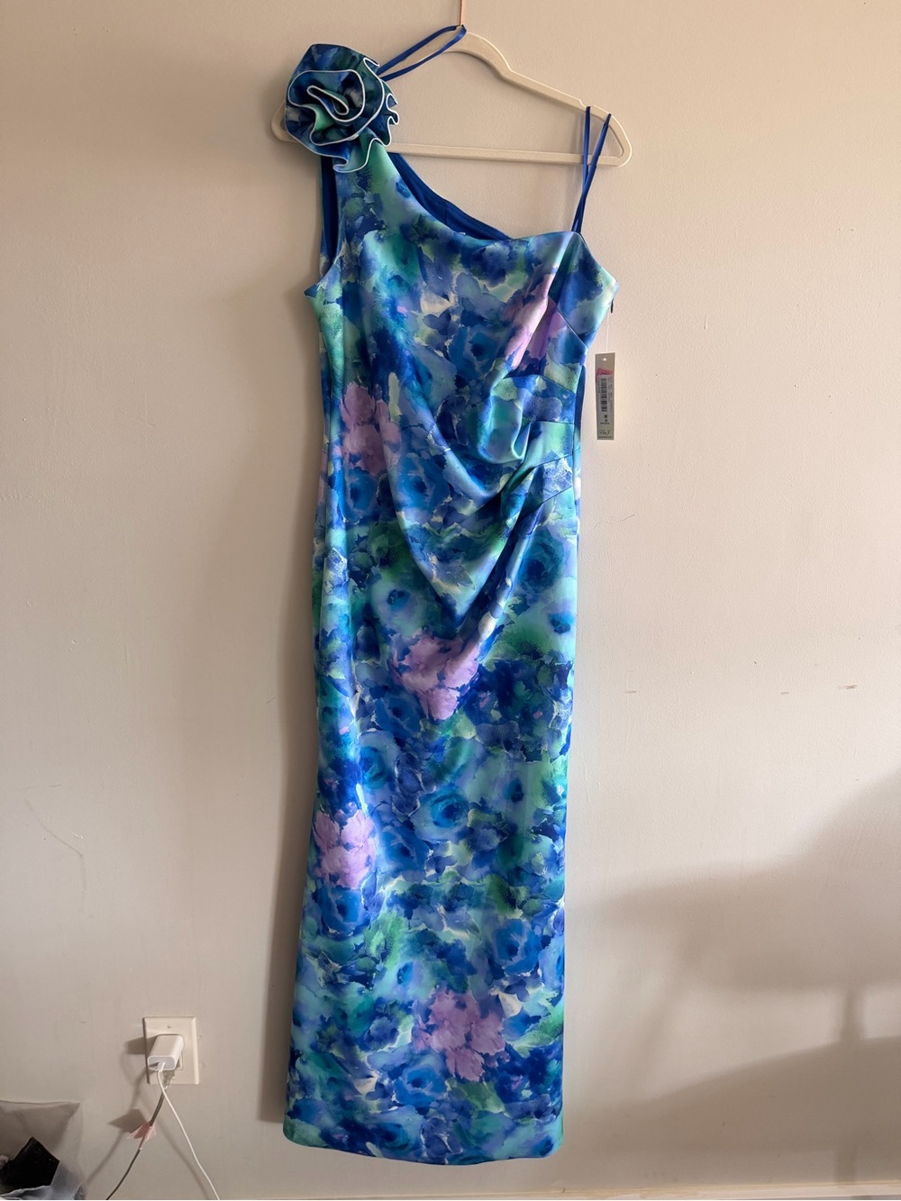 Eliza J Blue Aqua and Lavender Floral One-Shoulder Maxi Dress